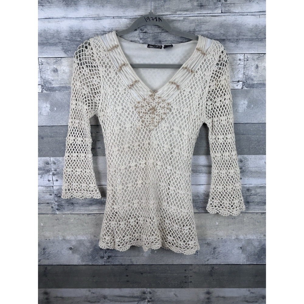 Mandee Medium Long Sleeve Cream Crochet Knit Blouse  VTG